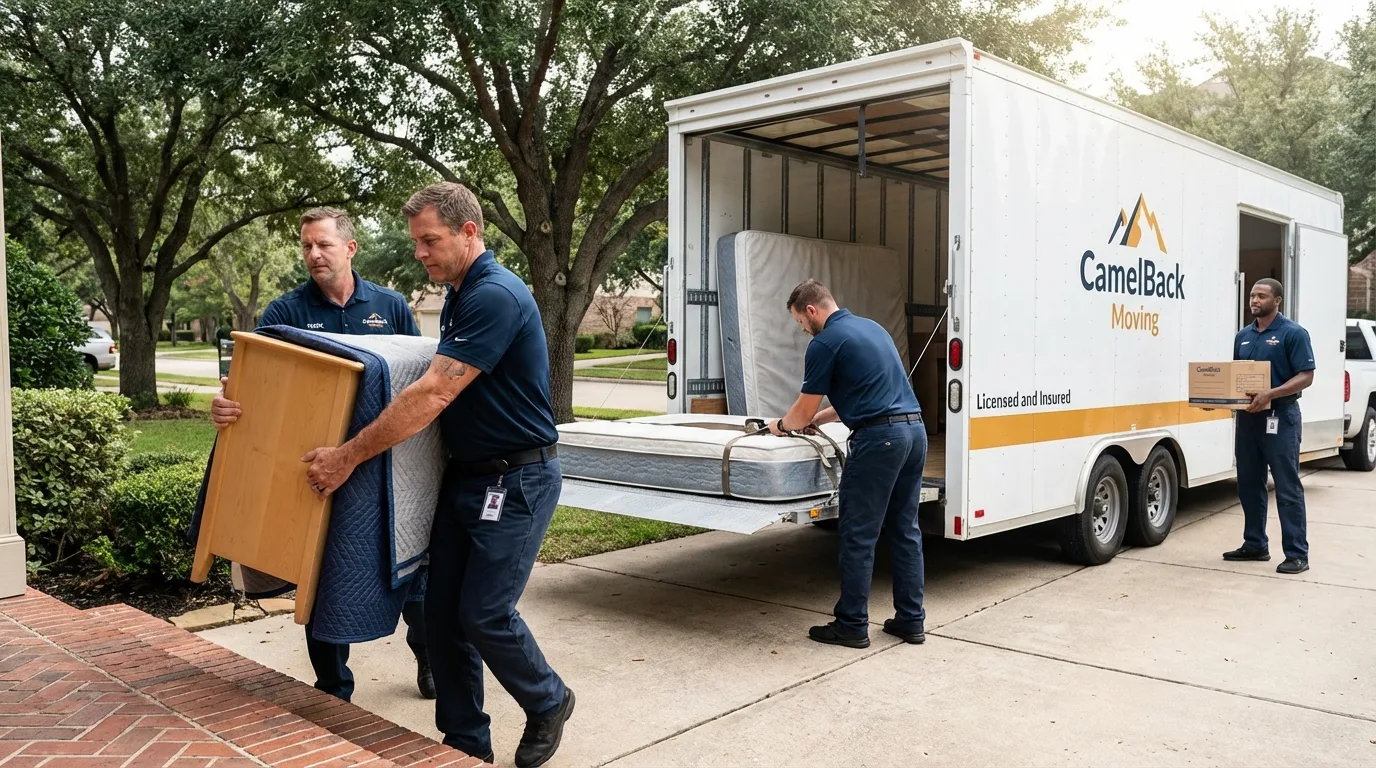 Crew loading residential truck for cross-state move from San Elizario, TX