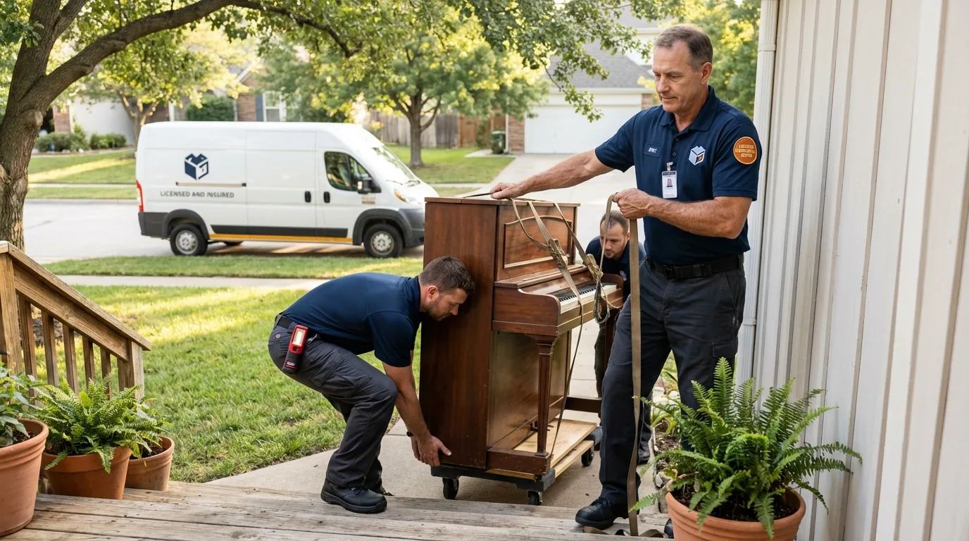 Licensed piano movers securing grand piano in San Elizario, TX