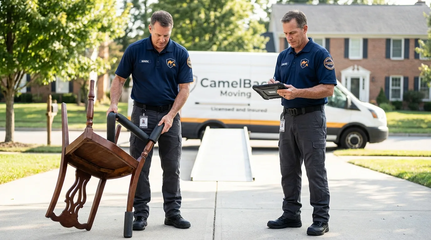 Movers inspecting furniture for damage prevention before loading in San Elizario, TX