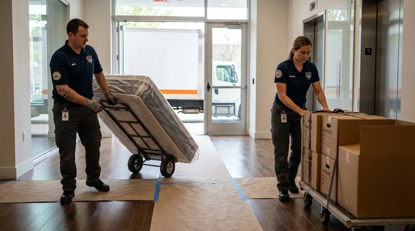 Professional apartment movers loading elevator in San Elizario, TX