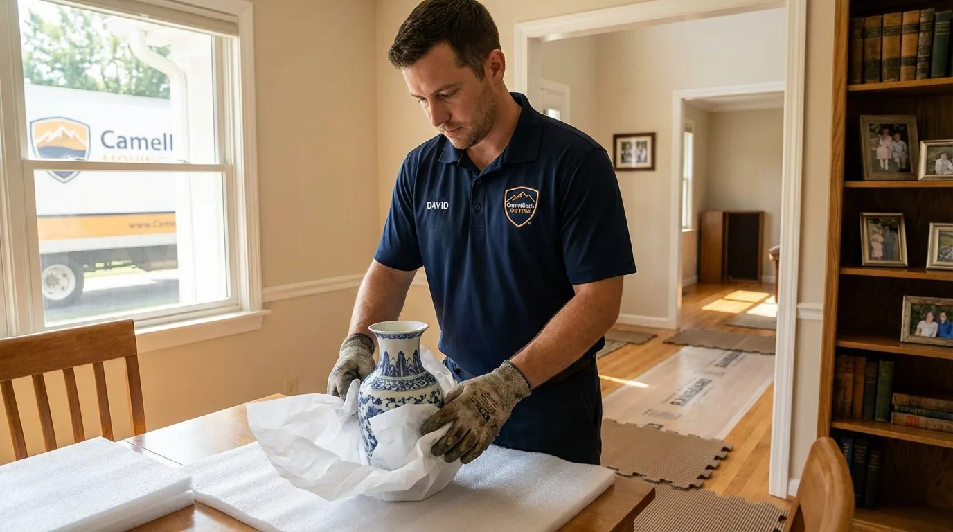 Professional crew carefully wrapping antique vase for senior downsizing move in San Elizario, TX